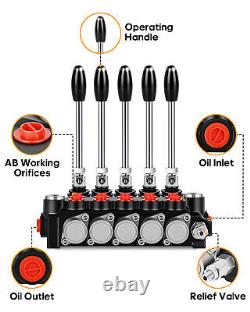 5 Spool 15 GPM Hydraulic Flow Control Valve SAE Ports Adjustable Relief 3600 PSI