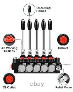 5 Spool 15 GPM Hydraulic Flow Control Valve SAE Ports Adjustable Relief Lever