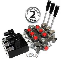 Galtech hydraulic 3 bank double acting valve c/w 12 VDC solenoid control 3/8BSP