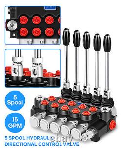 Hydraulic Control Valve 5 Spool 15 GPM Ports Adjustable Relief Lever 3600 PSI