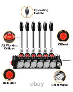 Hydraulic Flow Control Valve 6 Spool 15 GPM SAE Ports Adjustable Relief Lever